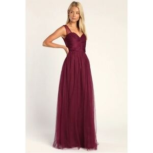 JJ's House Burgundy Red A-Line Tulle Maxi Formal Gown 4